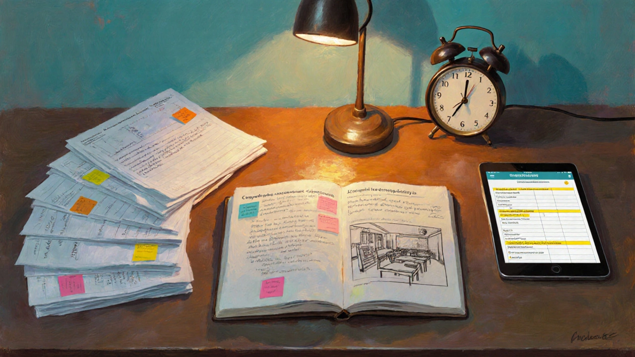 A teacher‑in‑training’s workspace shows lesson plans, a reflective journal, a tablet with a rubric, and a clock.