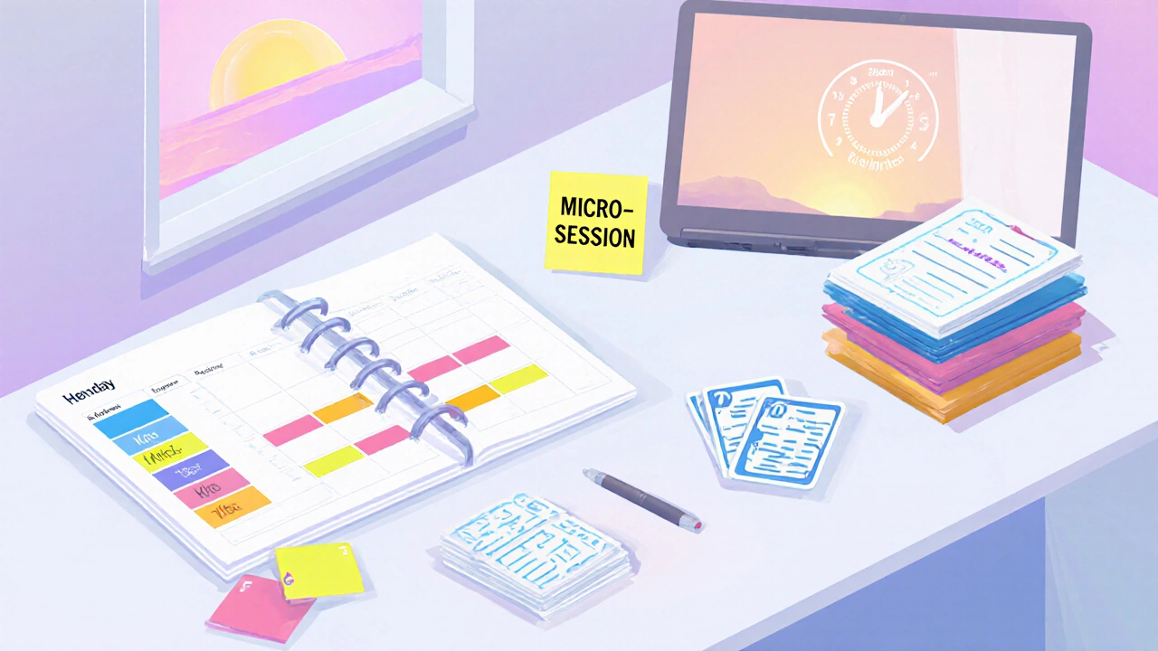 A tidy desk with a weekly planner, flashcards, sticky notes, and a laptop showing a timed mock test, symbolizing study strategies.