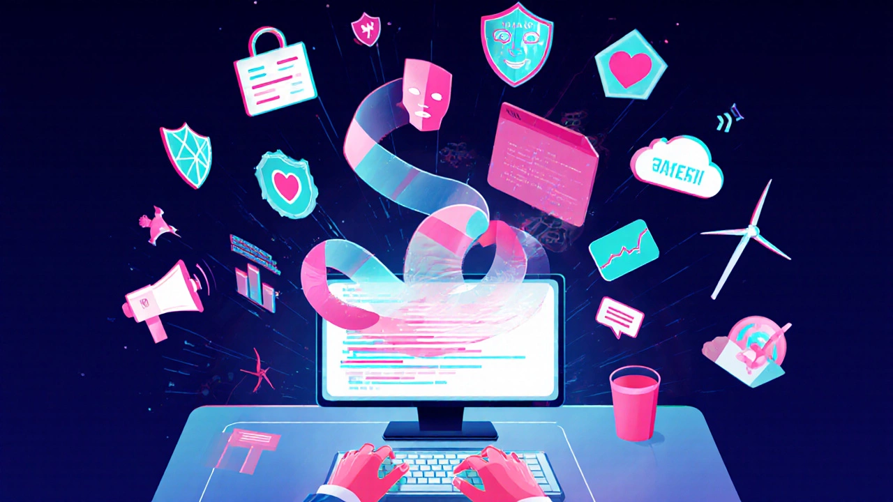 AI prompt engineer typing as colorful AI‑generated visuals emerge from the screen.