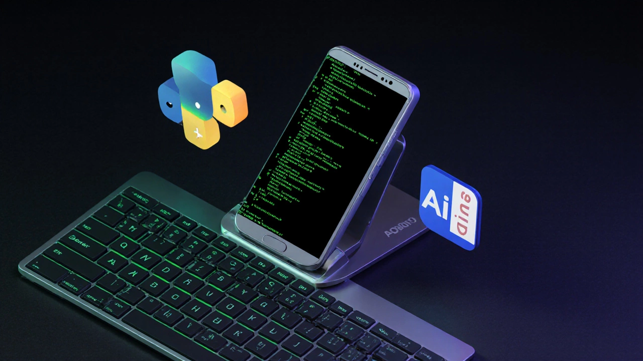 Android phone on a stand with Bluetooth keyboard, showing a terminal interface.