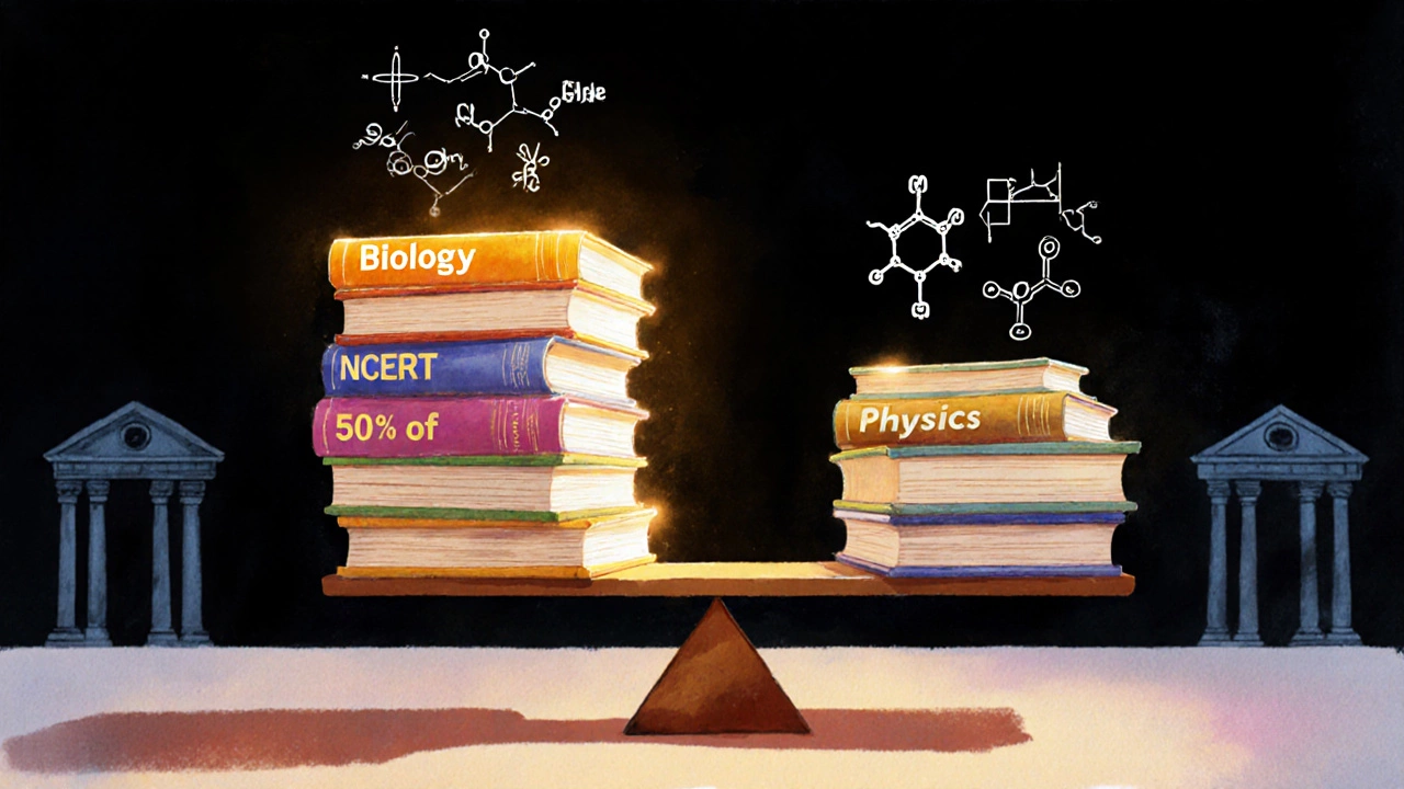 Balanced scale showing Biology dominating Chemistry and Physics for NEET exam weightage