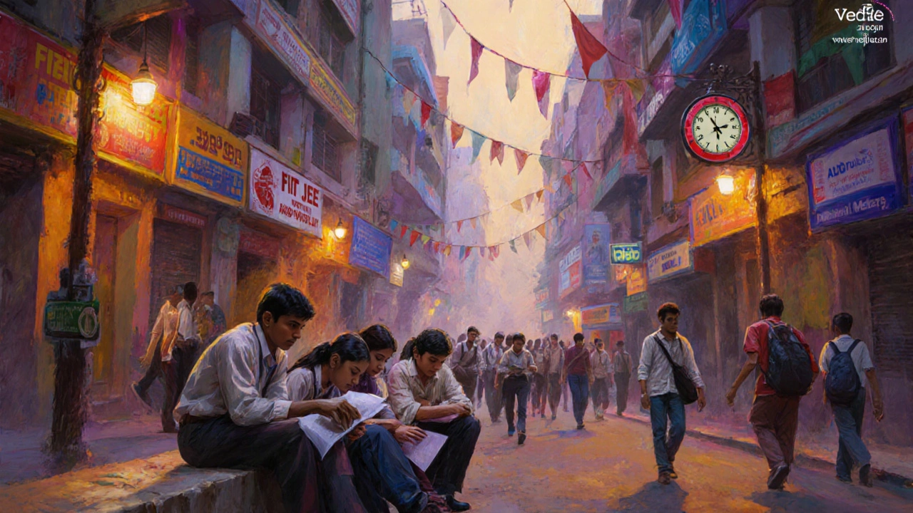 Delhi street scene showing JEE institutes and students sharing mock tests.