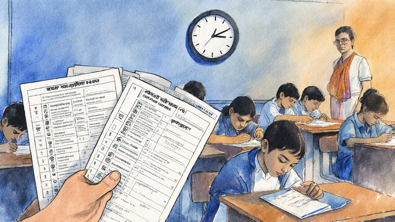 Delhi students taking an exam with bilingual paper and a mock test booklet.