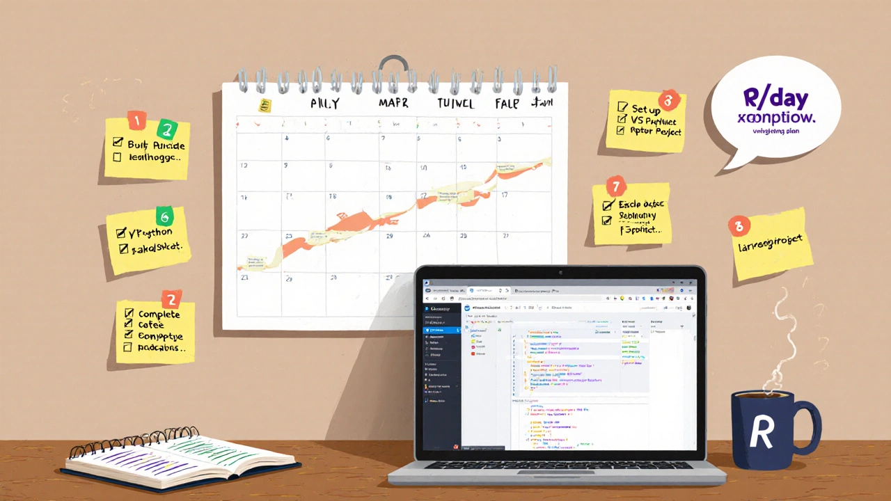 Desk showing a 30‑day checklist, calendar, laptop project, and online community icons.