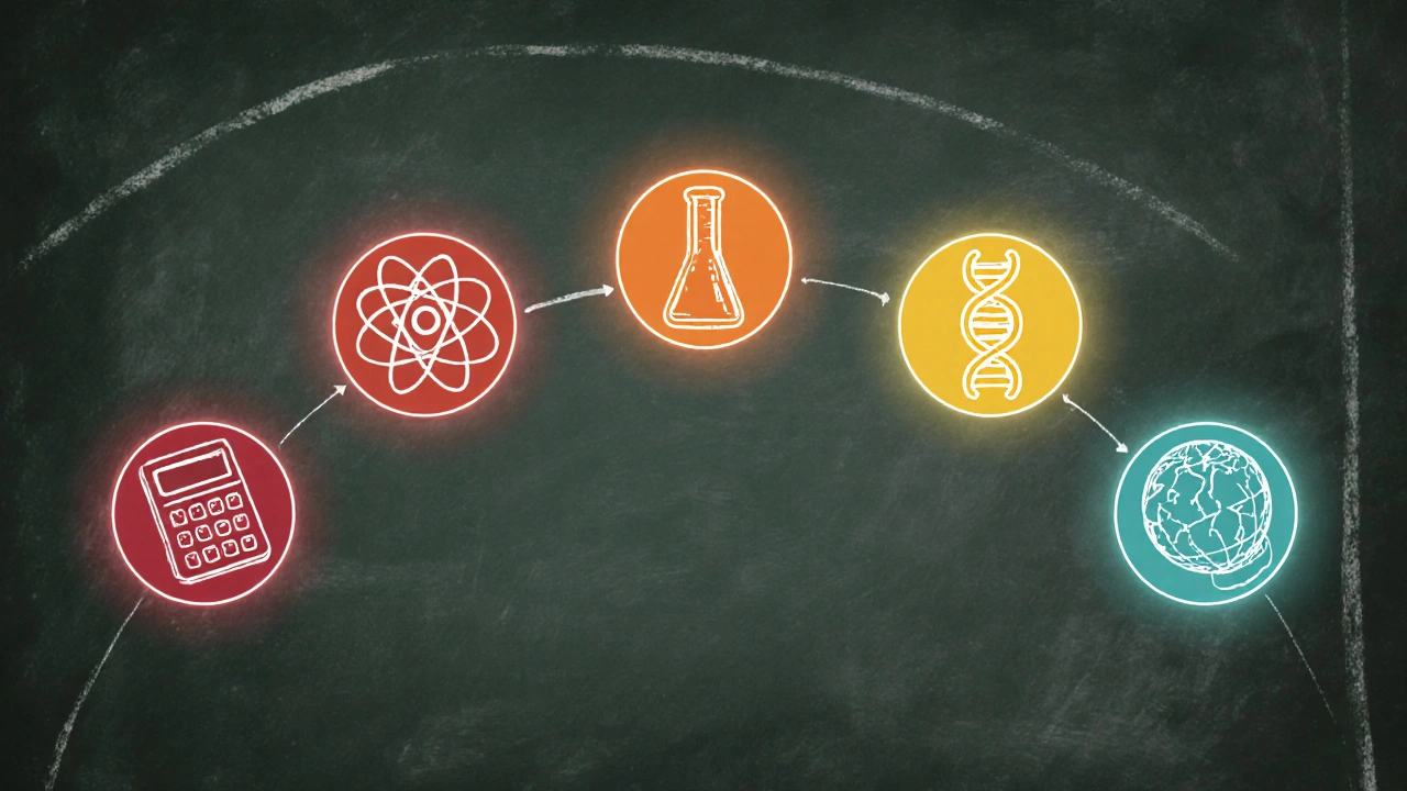 Five subject icons with glowing auras of varying intensity illustrating fear levels for math, physics, chemistry, biology, and general studies.