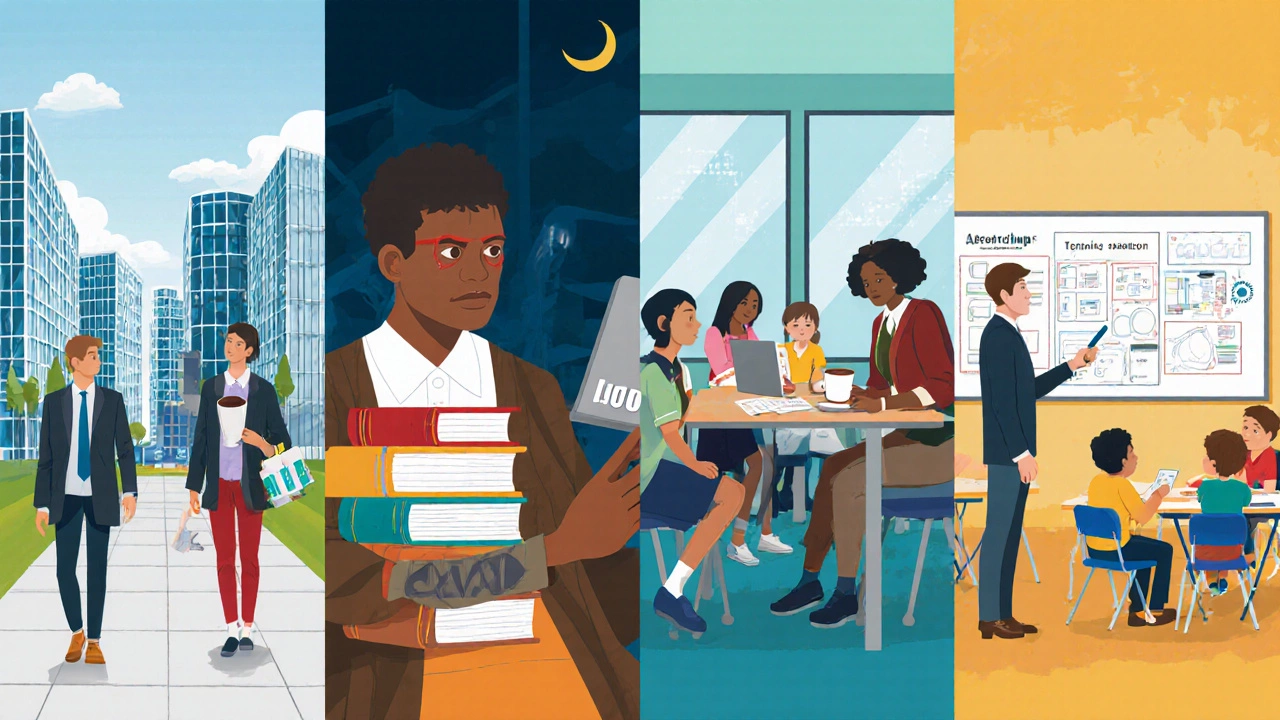 Four scenes illustrate university, postgraduate, bootcamp, and apprenticeship paths for future teachers.