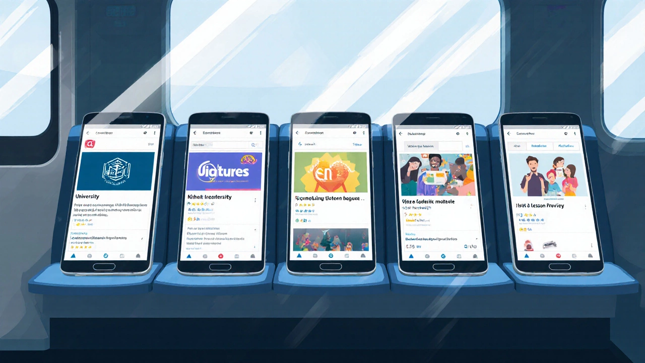 Four smartphones displaying different e‑learning app interfaces in a train.