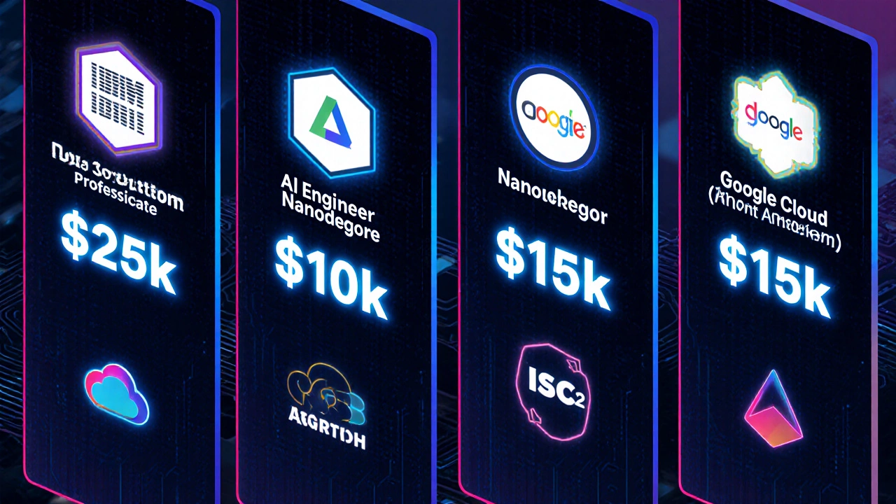 Four tech certifications displayed with floating salary figures.