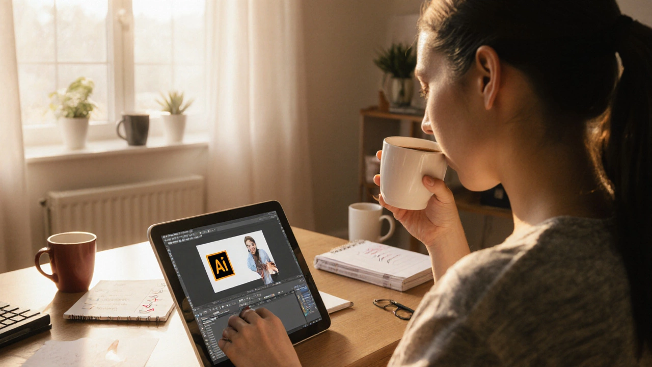 Freelancer watching a graphic design tutorial at home during morning hours, relaxed atmosphere.