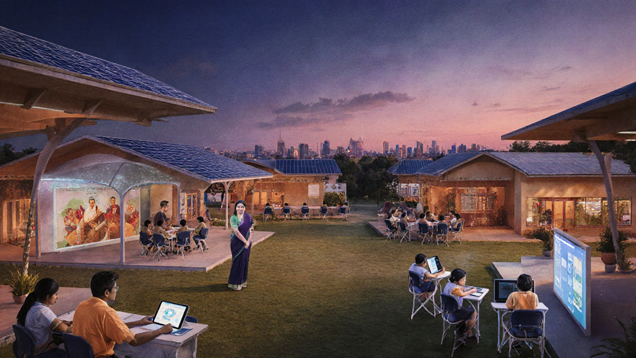 Futuristic Indian school with digital tablets, solar roofs, and engaged students