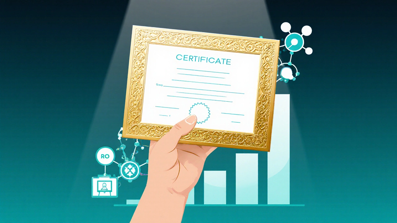 Golden certificate hovering above a rising graph and networking icons.