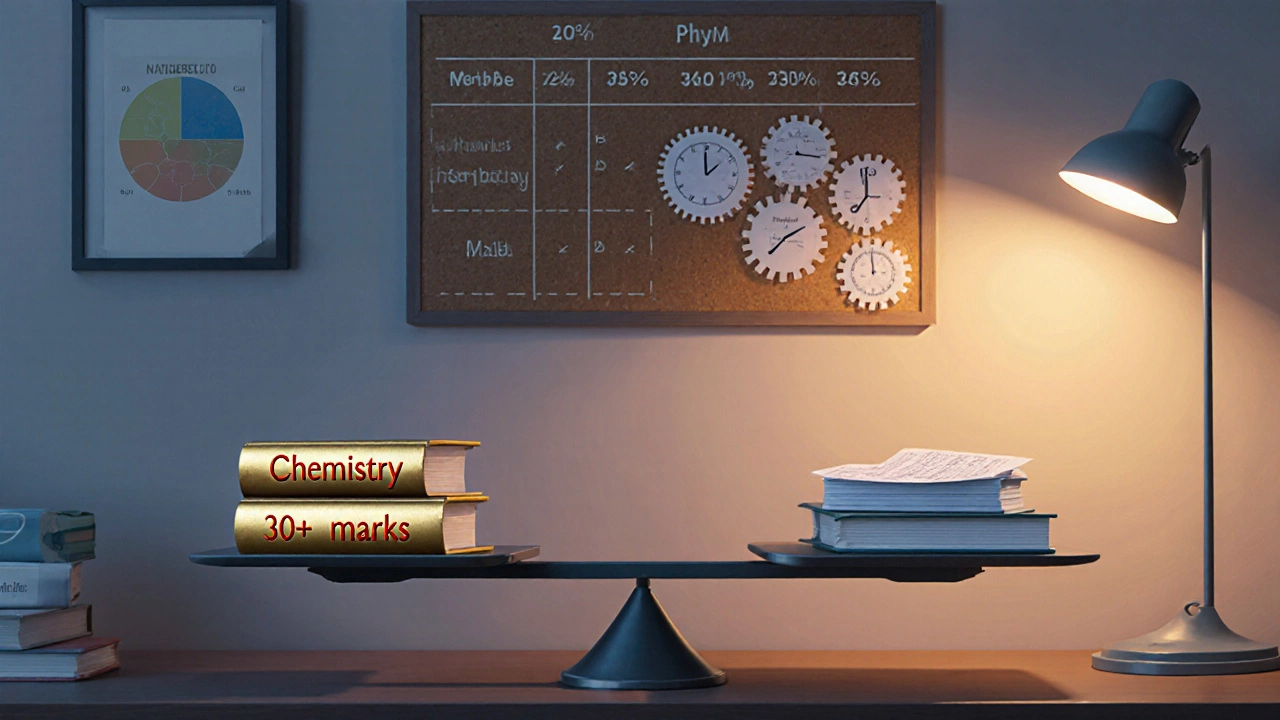 Illustration of a scale balancing a heavy Chemistry book with Physics and Math books, surrounded by study charts.