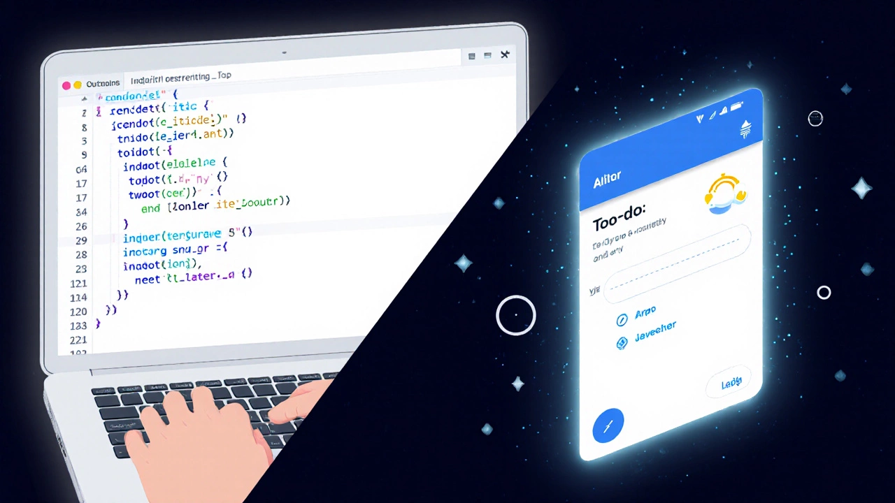 Interactive web apps appearing beside someone typing JavaScript code.