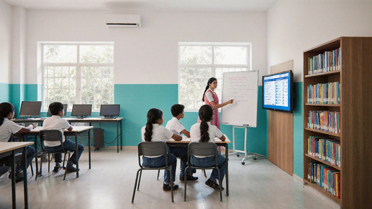 Kerala classroom with a teacher and few students, modern labs, library, and bright natural light.