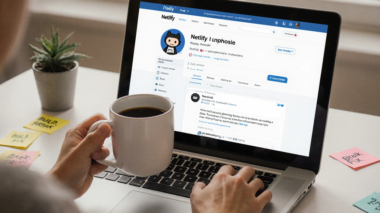 Laptop showing deployed website with GitHub projects and coffee mug on desk.