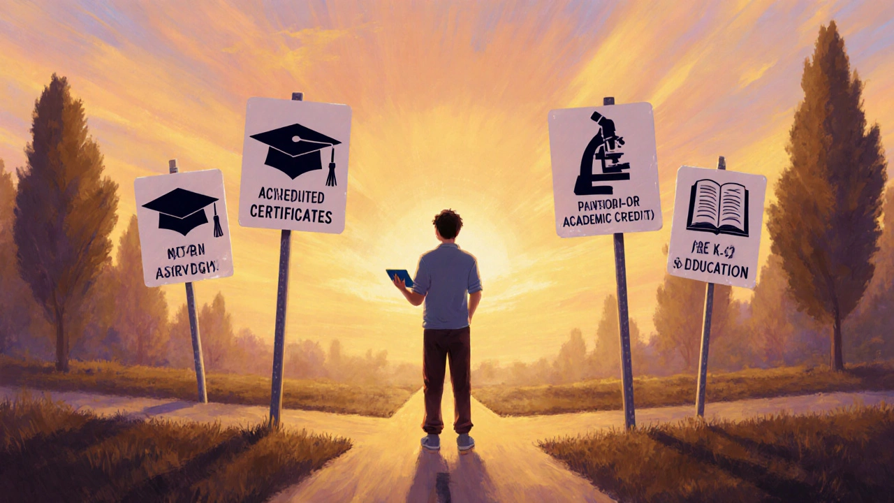 Learner at a crossroads with four signposts representing certification, hobby, credit, and free learning.