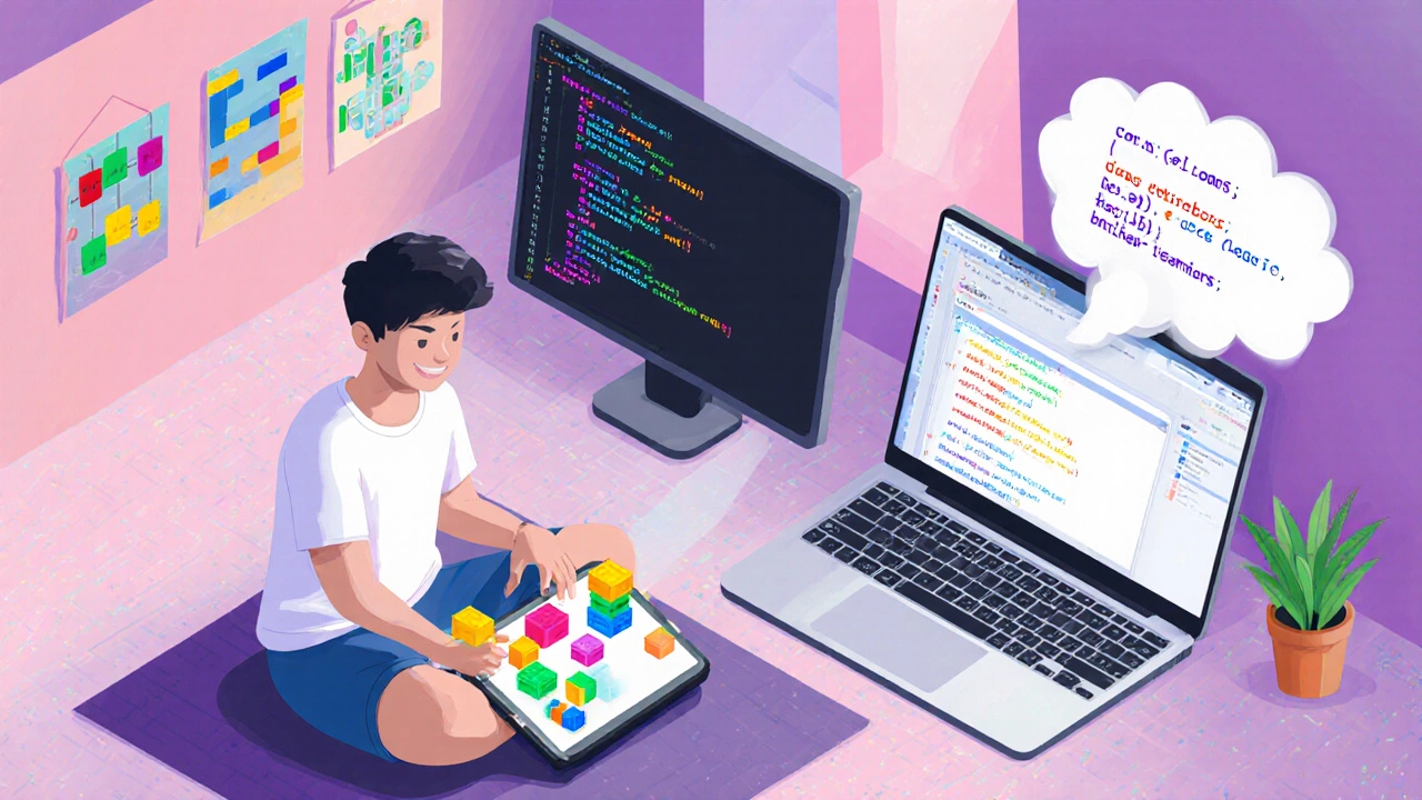Learner building programs with colorful block‑based coding tool and a laptop IDE.