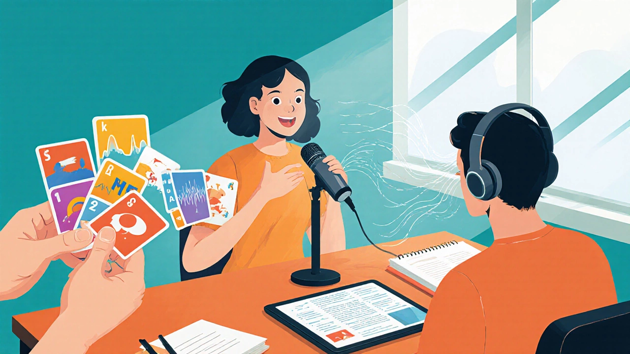 Learner using flashcards, speaking, and headphones to illustrate spaced repetition, interleaved practice, and immersive listening.