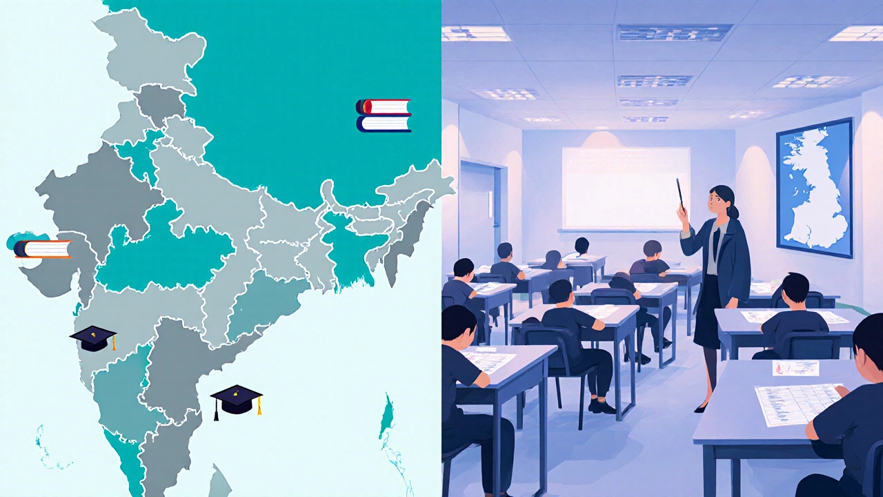 Map of India highlighting high- and low-literacy states beside a modern Finnish classroom
