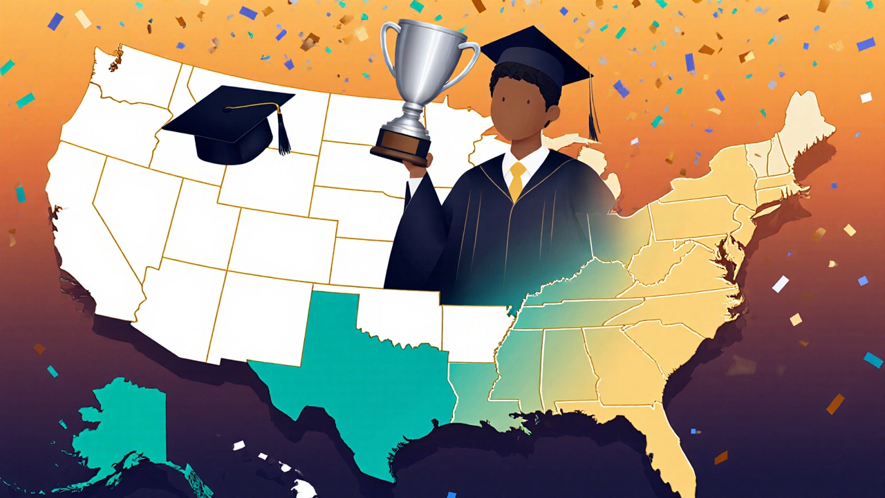 Map of the U.S. with highlighted states and a student in graduation attire holding a trophy.