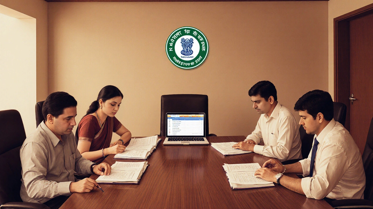Paper setters and officials reviewing CBSE question bank in a meeting room.