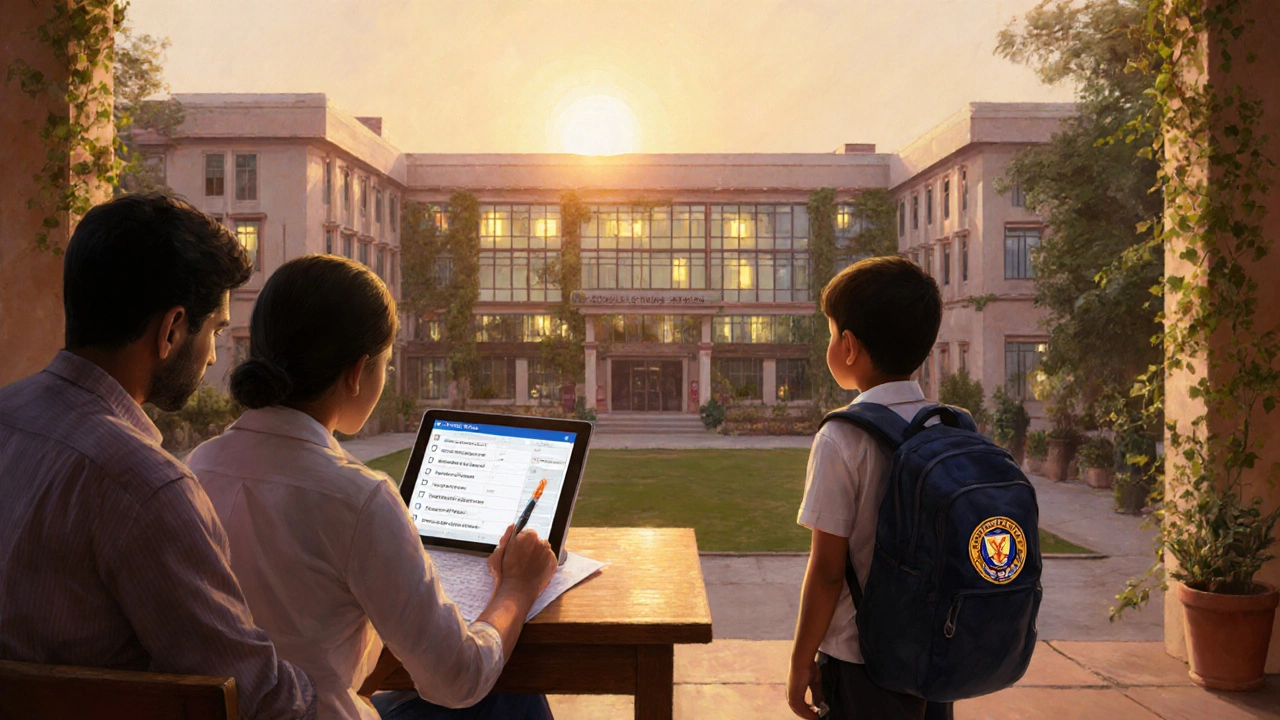 Parents and child reviewing a checklist on a patio as sunrise lights up a school campus.