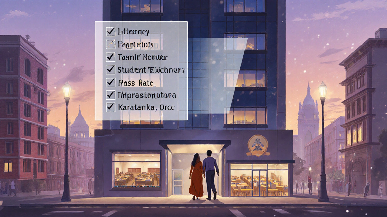 Parents in Delhi evaluating a modern school, with a floating checklist and faint silhouettes of other state schools.