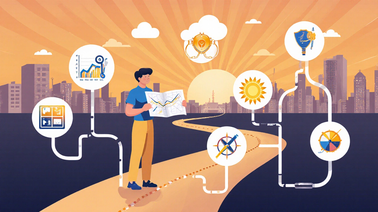 Person at a crossroads with icons representing eight high‑growth careers.