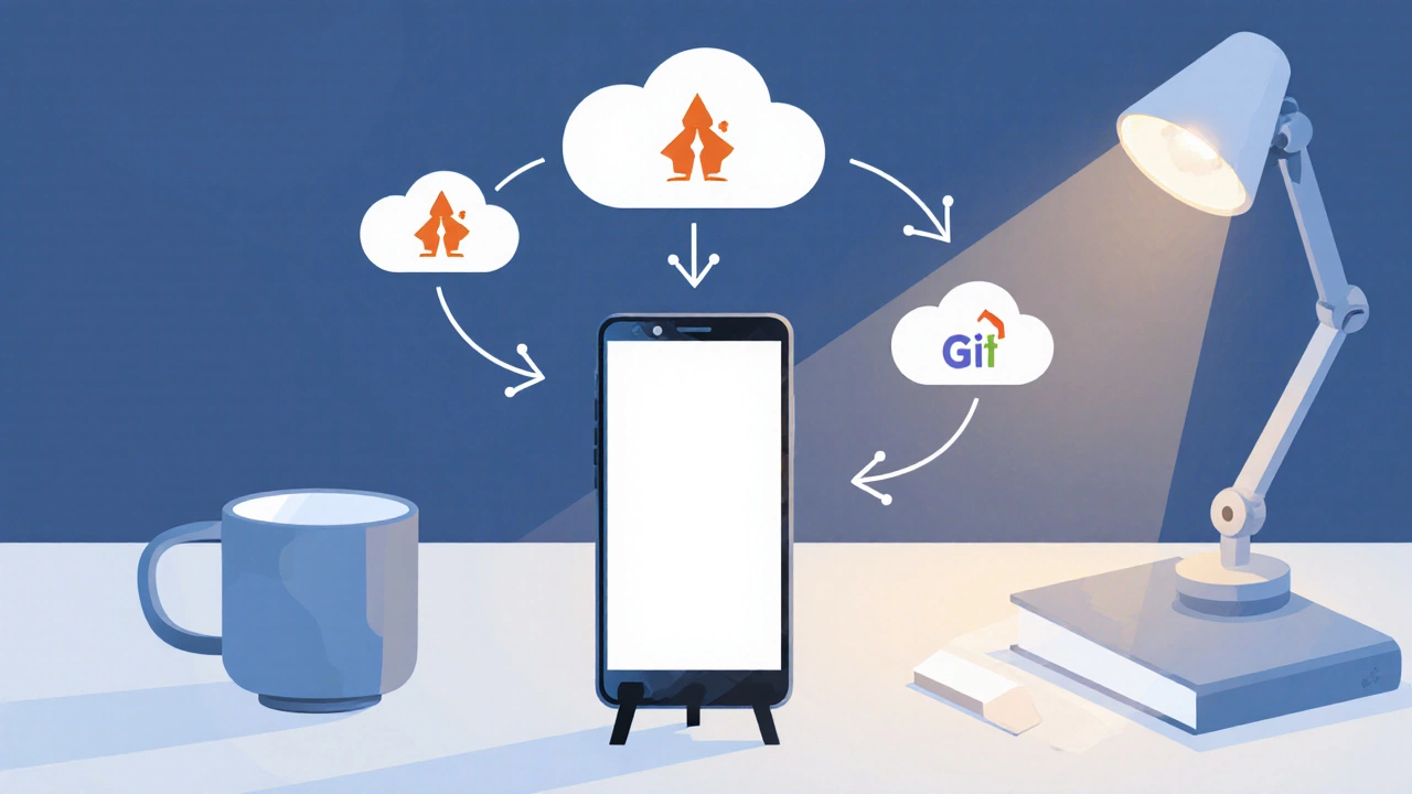 Phone on a stand linked to cloud and Git icons, illustrating portable coding setup.