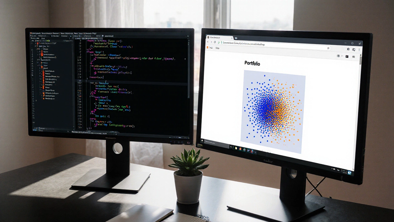 Split-screen desk: Python IDE with code and chart on left, HTML portfolio page on right.