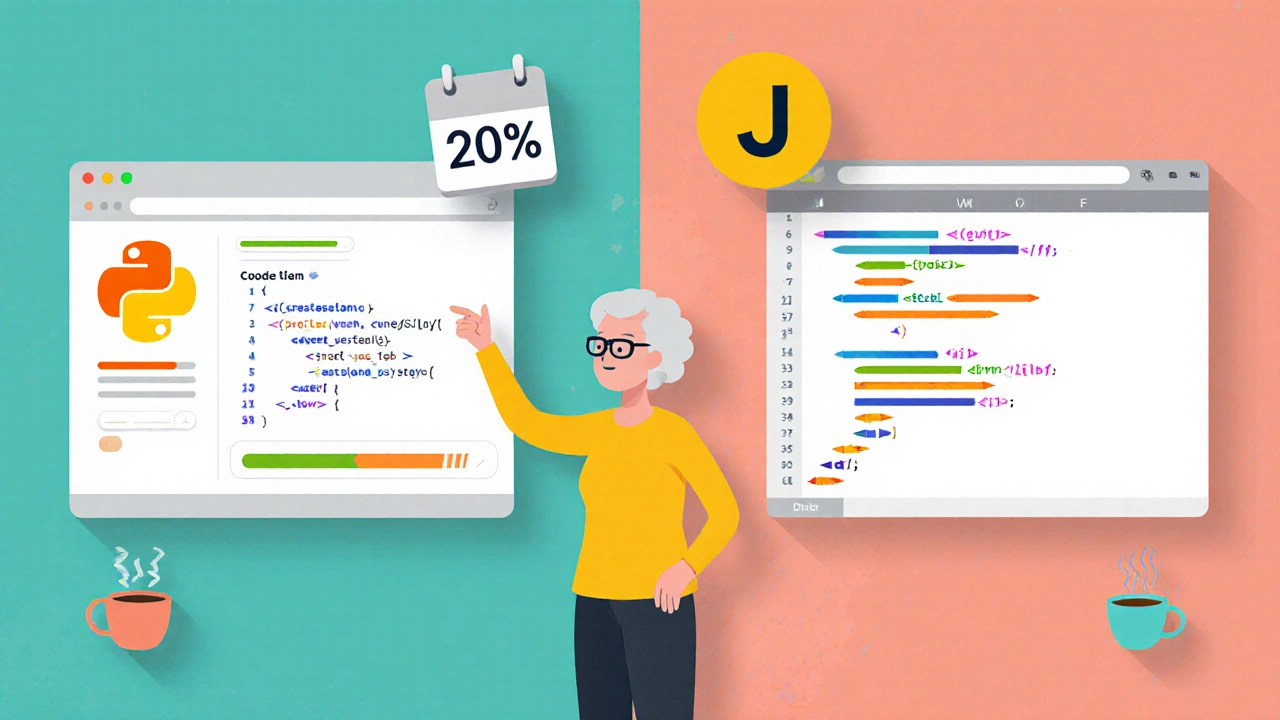Split-screen illustration of Python and JavaScript lessons with platform logos.