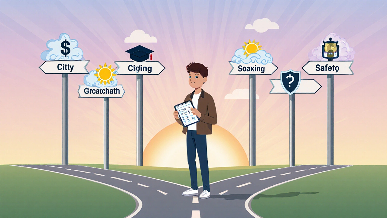 Student at a crossroads with signposts representing city factors for JEE preparation.