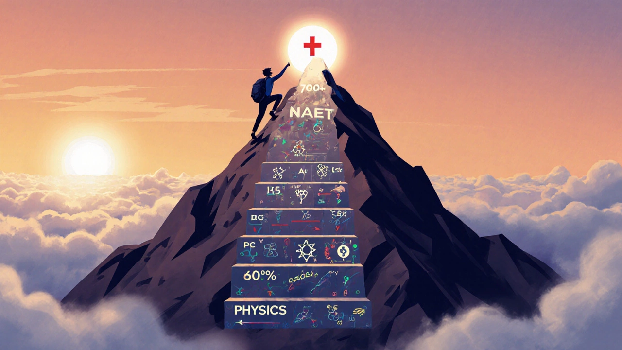 Student climbing mountain to NEET 700+ with subjects as steps, Biology at the base