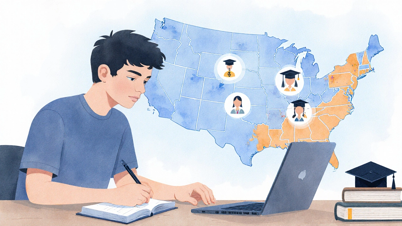 Student studying for SAT with pastel U.S. map and education icons.