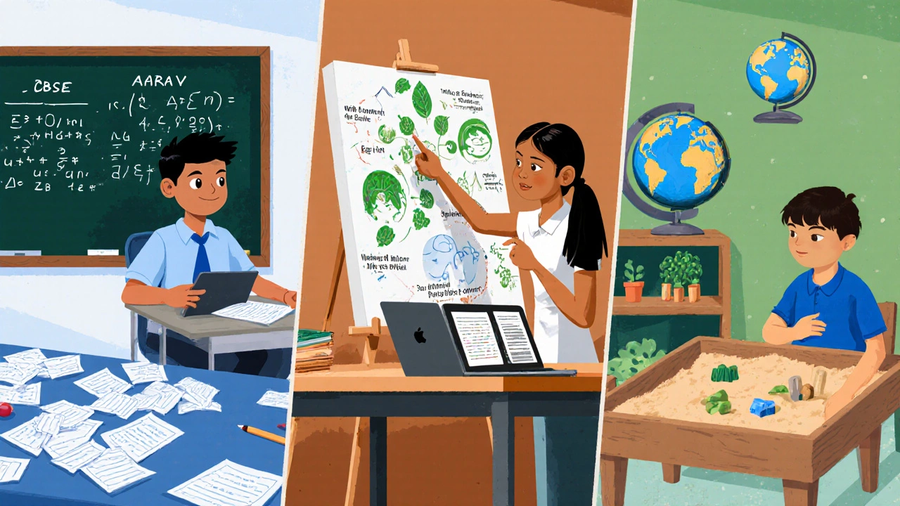 Three panels showing a CBSE math student, an IB art student, and a Montessori toddler with learning materials.