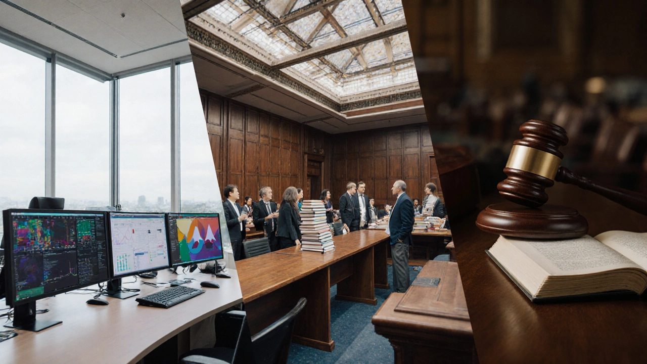 Three side‑by‑side scenes: modern executive office, parliamentary committee room, solemn courtroom.