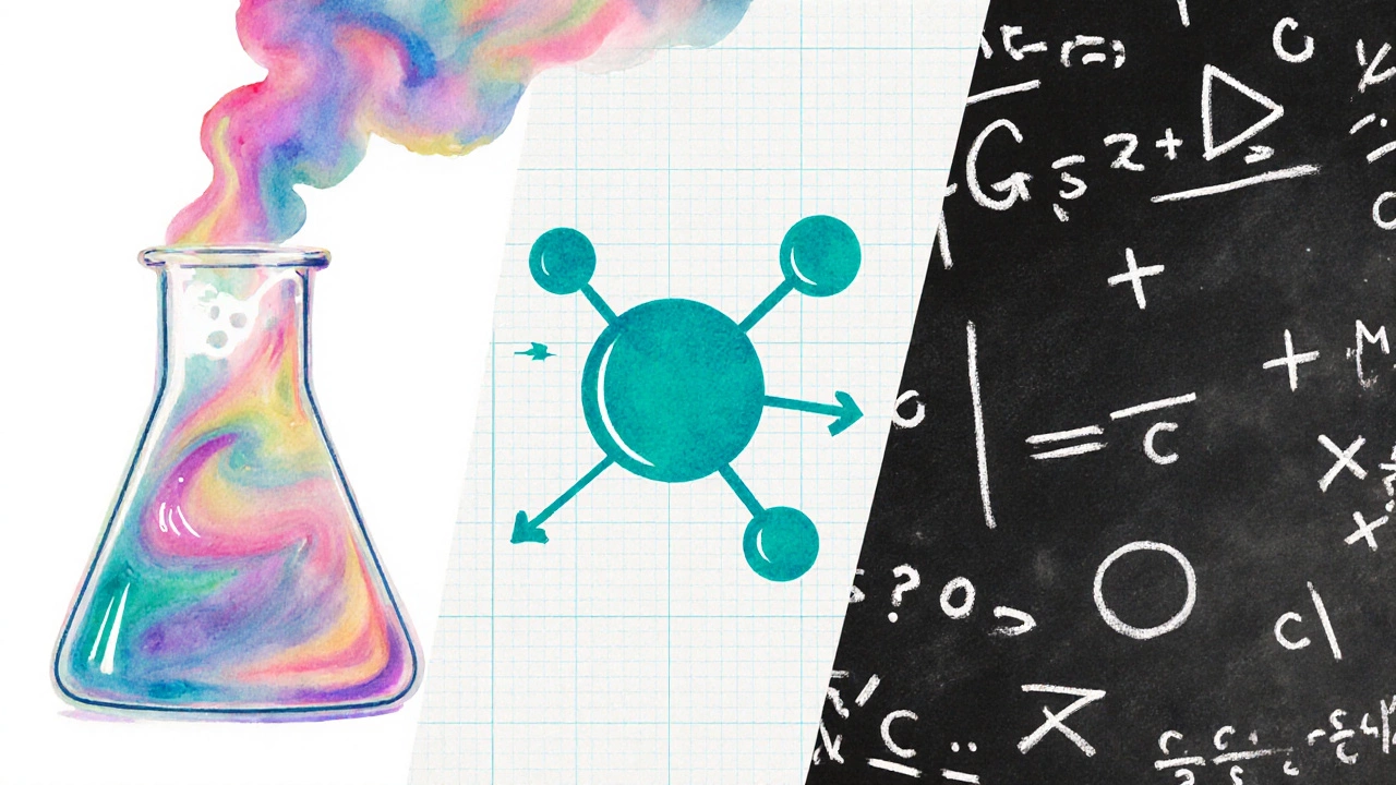 Watercolor collage showing Chemistry beaker, Physics diagram, and Math equations as three study symbols.