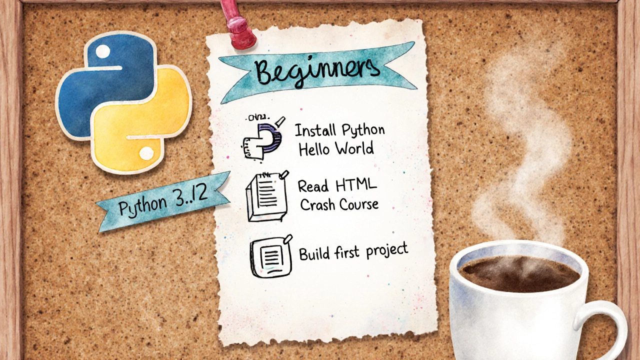 Watercolor roadmap on corkboard showing Python and HTML icons with a checklist.
