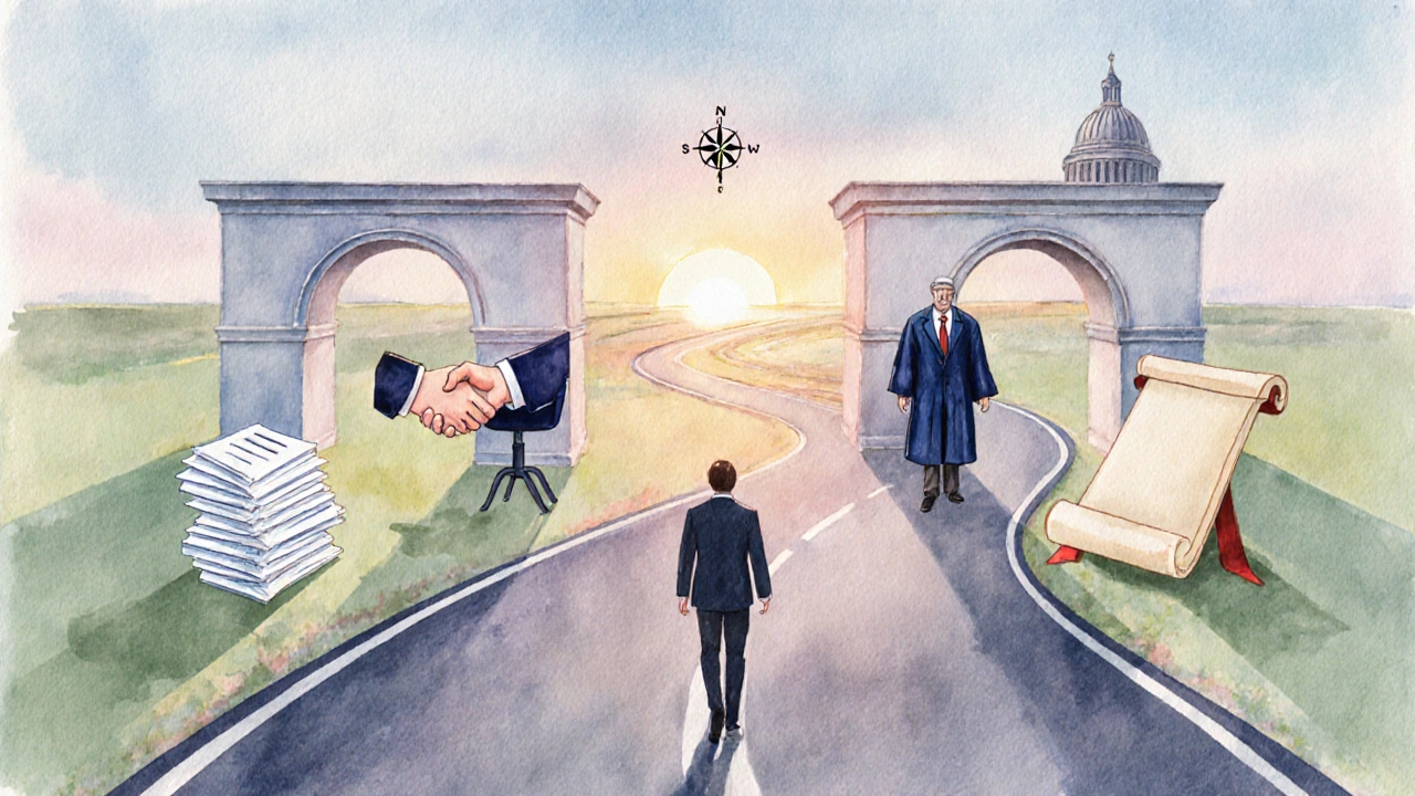 Winding path with career milestones and a figure walking toward a sunrise horizon.