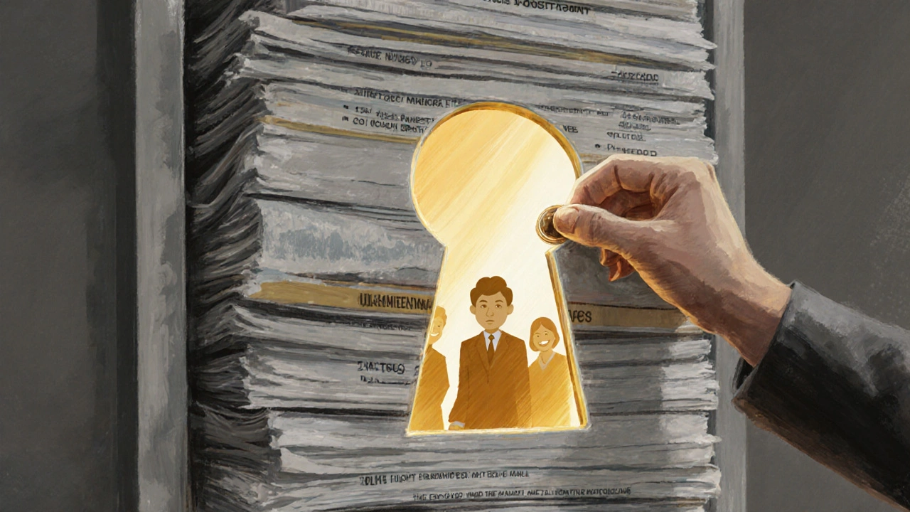 A door made of government documents with a keyhole shaped like a community hall, glowing light escaping.