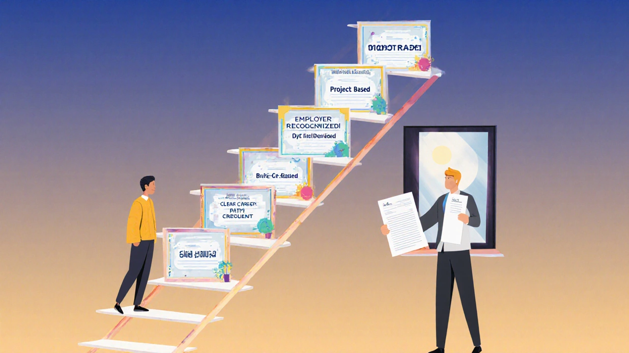 A ladder of career-boosting certificate traits leading from a desk to a bright office window.