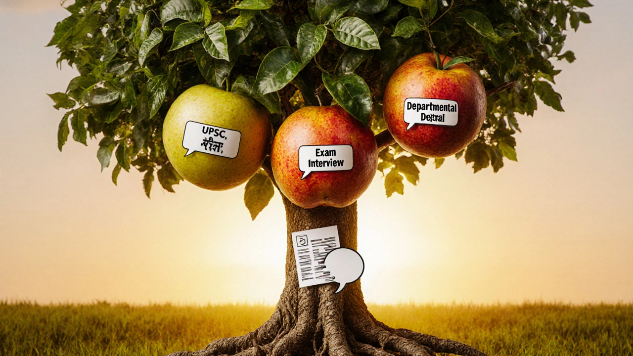 A tree with three fruit-laden branches symbolizing the stages of government job interviews in India.