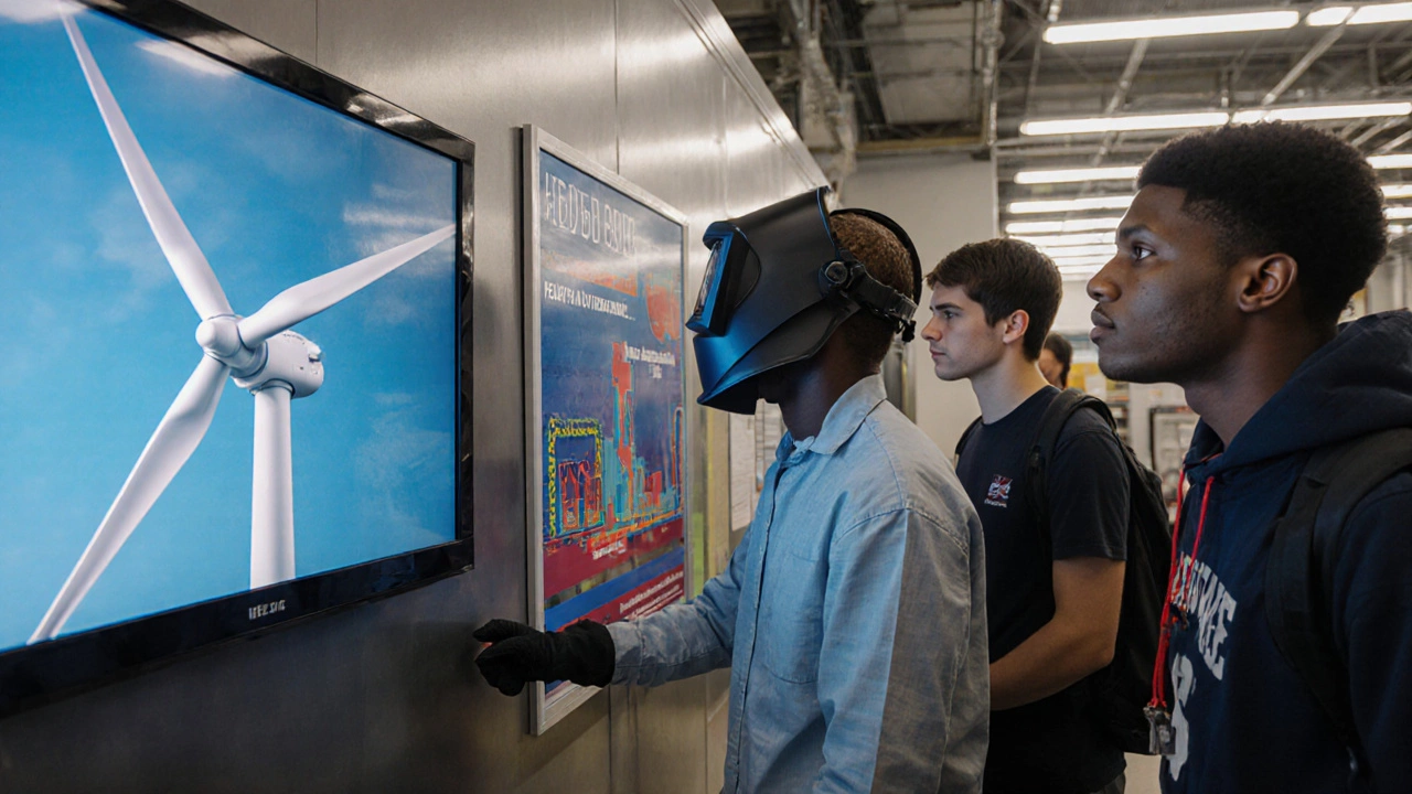 Adult learners training on wind turbine simulators in a community college CTE center.
