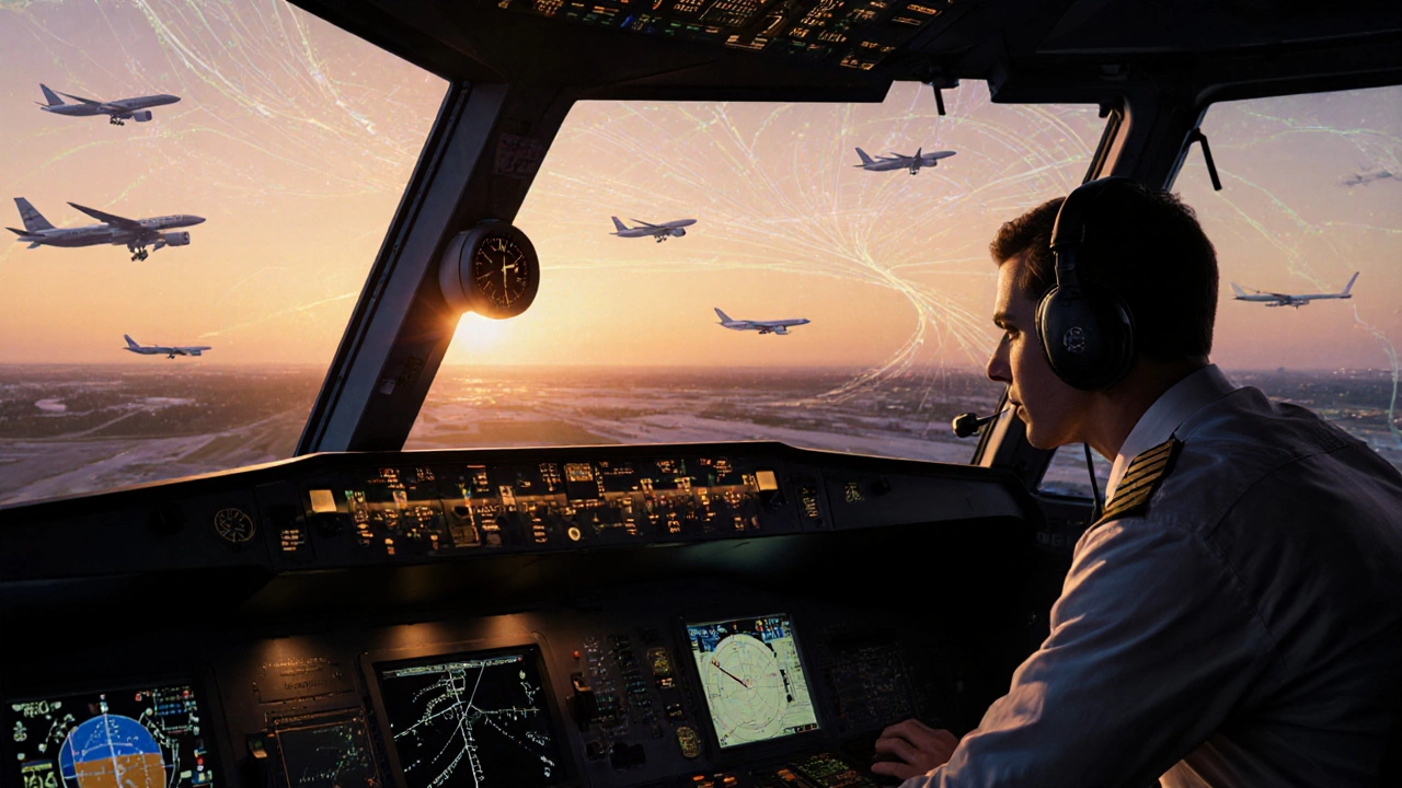 Air traffic controller monitoring flight paths in a high-tech control tower.