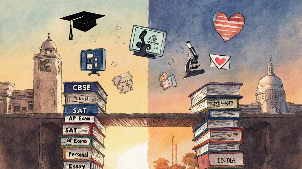 Bridge made of academic documents connecting Indian classroom to U.S. university campus