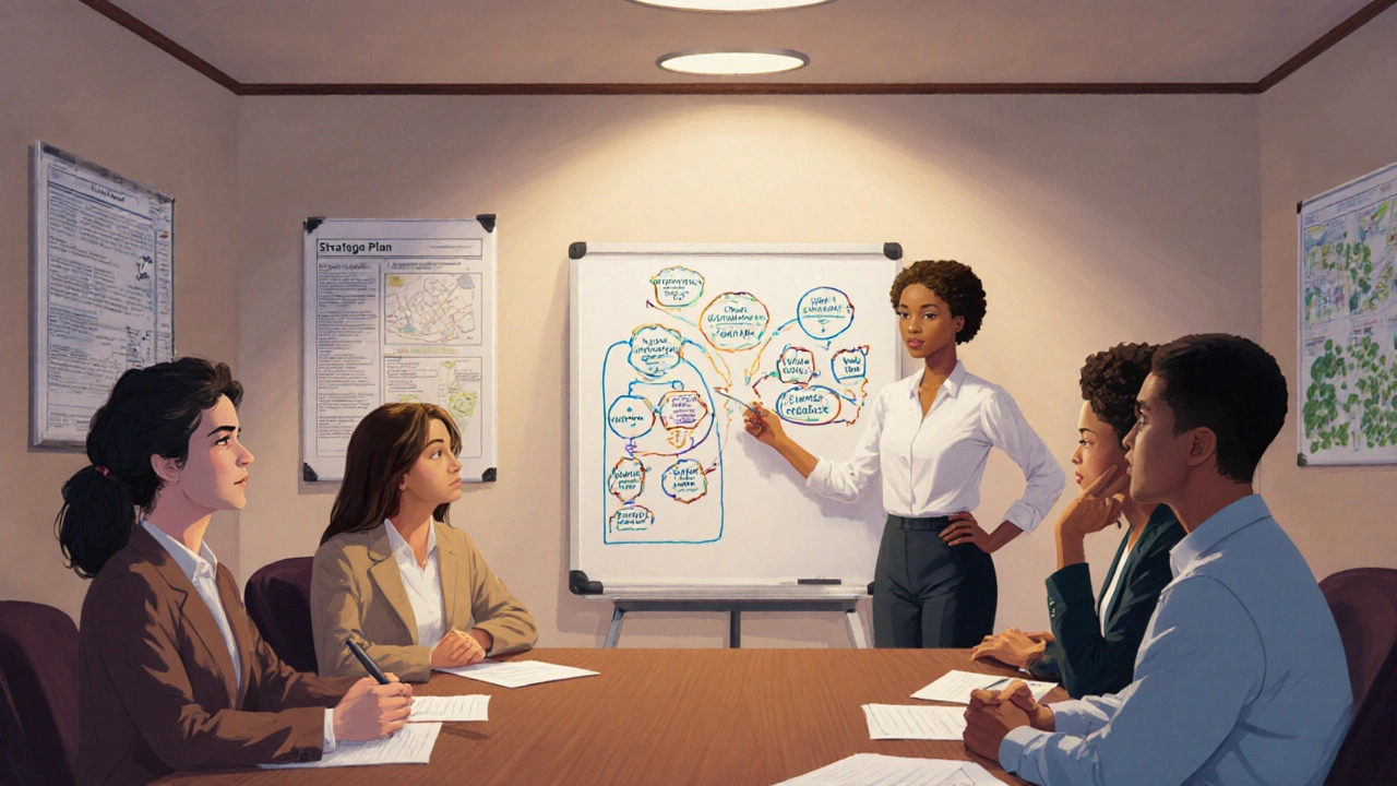 Candidate presenting a policy brief to a council interview panel using a whiteboard.