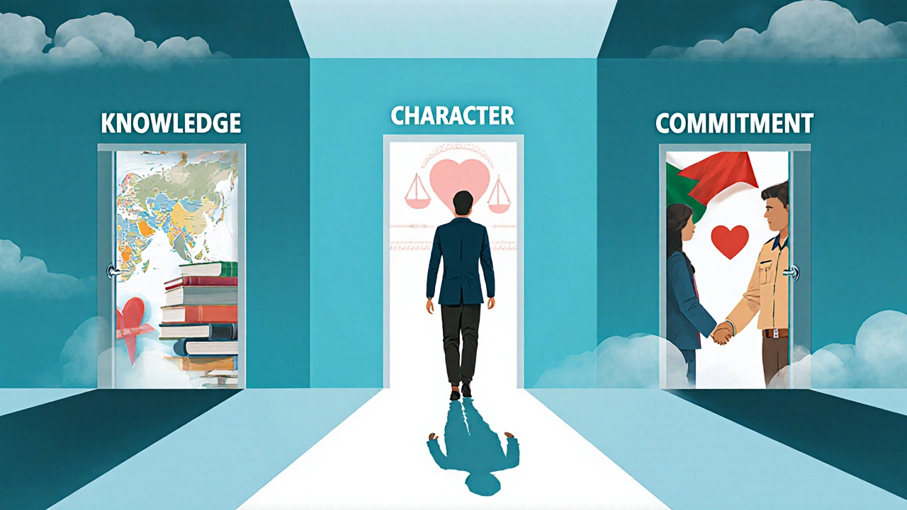 Candidate walking through three symbolic doorways representing knowledge, character, and commitment.