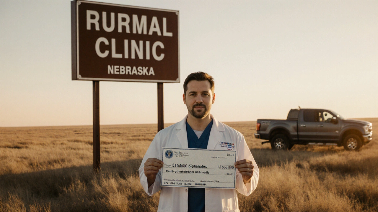 Doctor receiving a signing bonus at a rural clinic with open plains in the background.