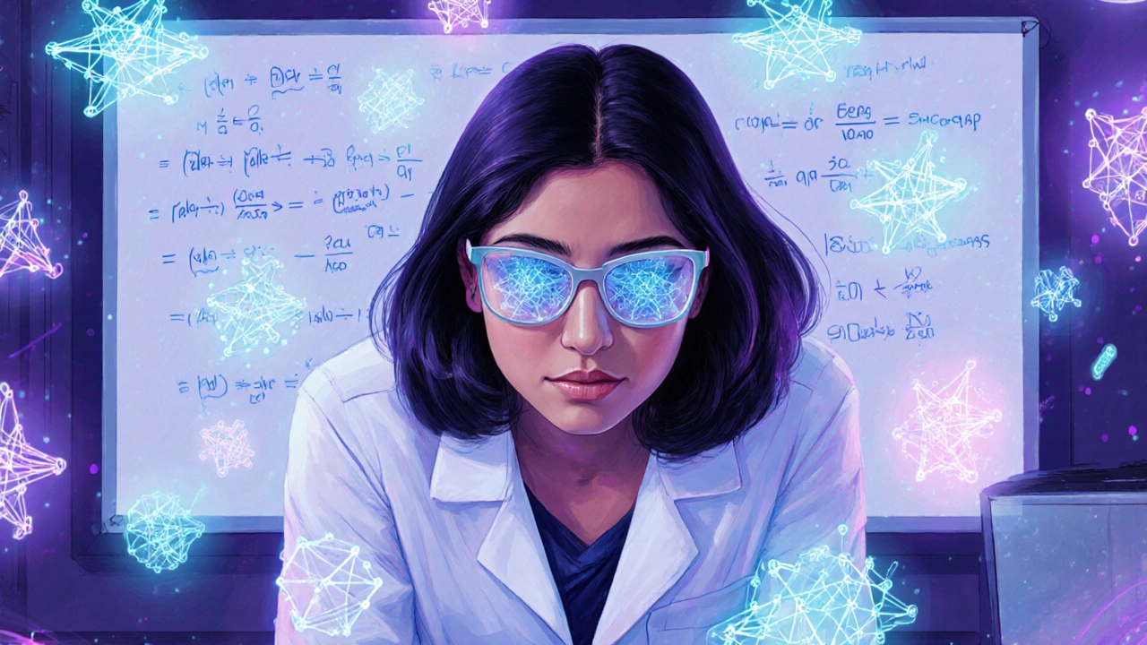 Dr. Anima Anandkumar in a lab surrounded by glowing AI neural networks and equations.