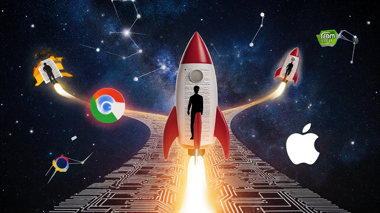 IIT JEE exam papers turning into rockets flying toward tech company logos in a starry sky.